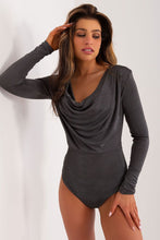 Load image into Gallery viewer, Elegant Velvet Plunge Bodysuit in charcoal gray, stylish women&#39;s fashion piece with draped neckline and fitted silhouette.