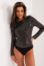 Load image into Gallery viewer, Elegant lace-trimmed black bodysuit with long sleeves, featuring a flattering design for the fashionable woman.