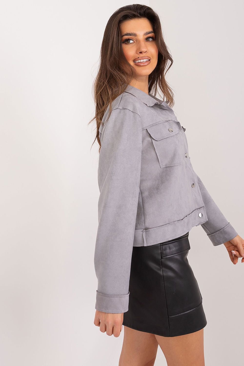 Classic relaxed-fit gray denim jacket with button pockets and cuffs for everyday casual style.