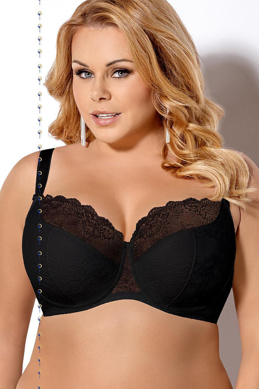 Semi-soft black lace brassiere with elegant designs, showcased on a fashionable female model with long wavy hair.