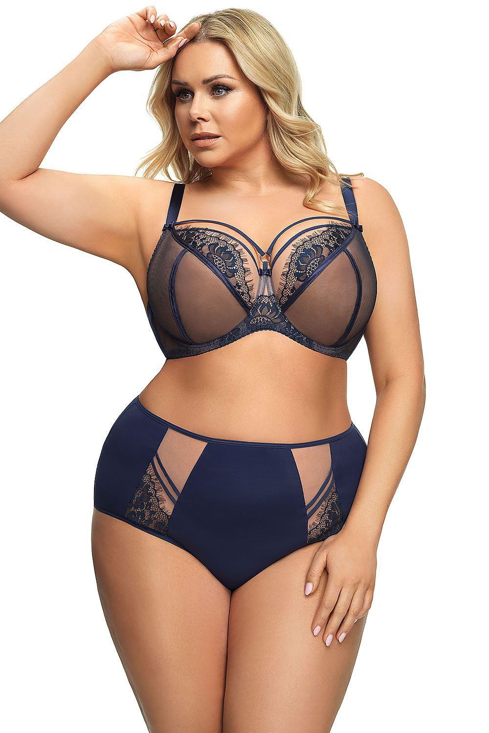 Alluring navy lingerie set with intricate lace detailing, featuring a supportive underwire bra and high-waisted briefs for a confident, flattering look.