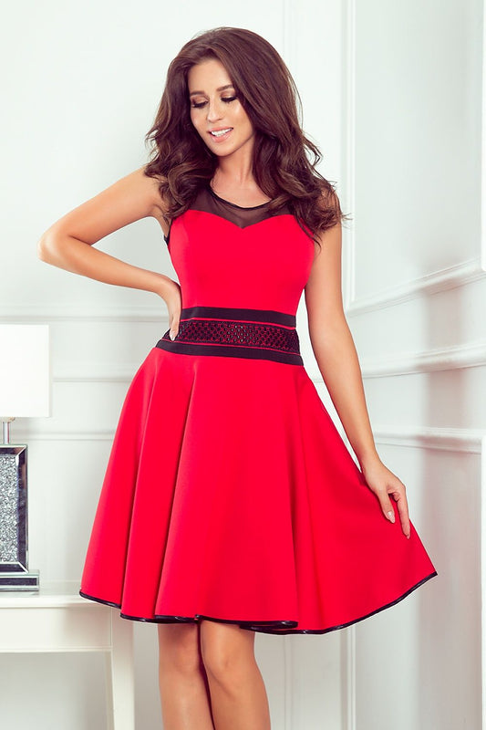 Vibrant red cocktail dress by Numoco featuring a sleeveless bodice and flared skirt, perfect for a night out.