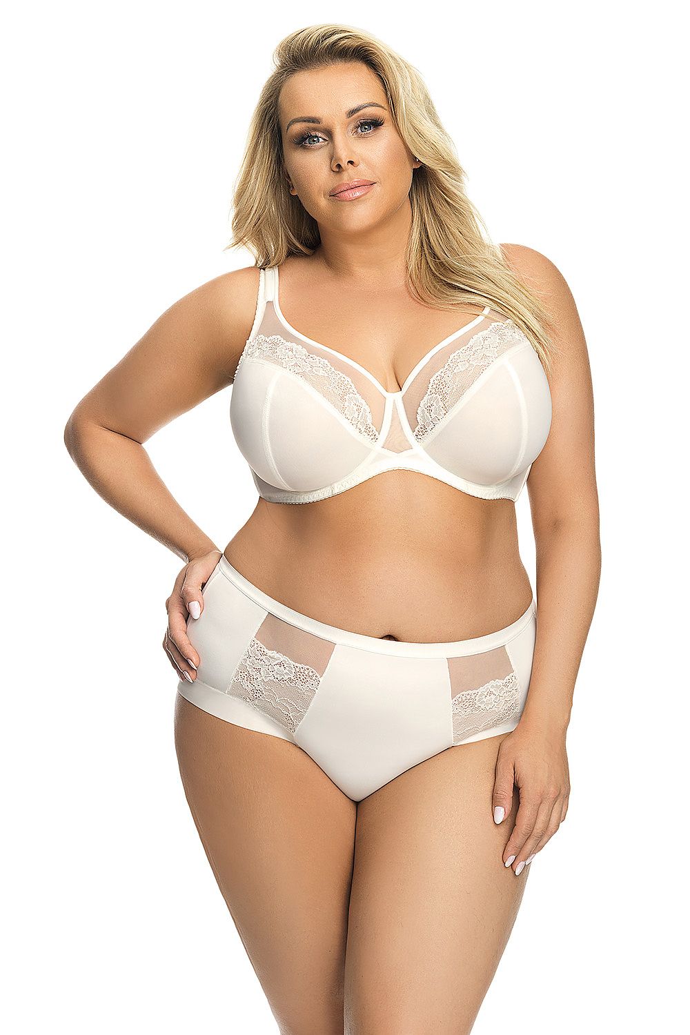 Soft Gorsenia Lingerie featuring a white lace bra and matching high-waisted panties on a smiling woman with long blonde hair.