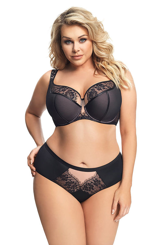 Semi-soft Gorsenia Lingerie: Luxurious black and lace plus-size intimate set with a supportive underwire cup and sheer lace panty.