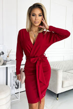 Load image into Gallery viewer, Chic red wrap dress with puffed sleeves and a flattering cinched waist for the modern fashionista.