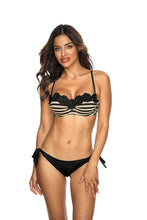 Load image into Gallery viewer, Elegant striped bikini with lace details, showcasing a stylish and confident beach look.