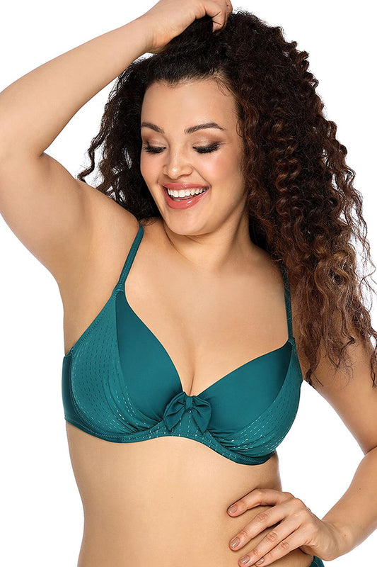 Stylish teal swim bra Ava showcases vibrant curls