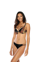 Load image into Gallery viewer, Stylish floral patterned bikini two-piece swimsuit, featuring a supportive underwire brassiere and minimal bottoms that accentuate the model&#39;s toned figure.