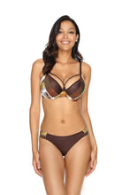 Load image into Gallery viewer, Elegant two-piece swimsuit with intricate patterning and gold-tone trim, showcasing the model&#39;s toned figure.