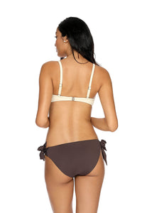 Two-piece swimsuit Etna, featuring brown bikini bottoms with tie-side details and a beige bra-style top with adjustable shoulder straps, showcasing a stylish and modern beach-ready look.