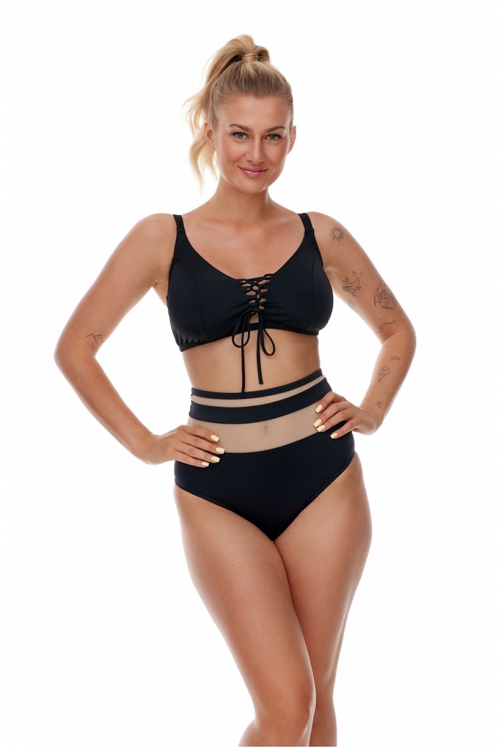 Black Lace-Up Swimming Bra by Lupo Line - Supportive athletic swimwear with adjustable straps for a customized fit.