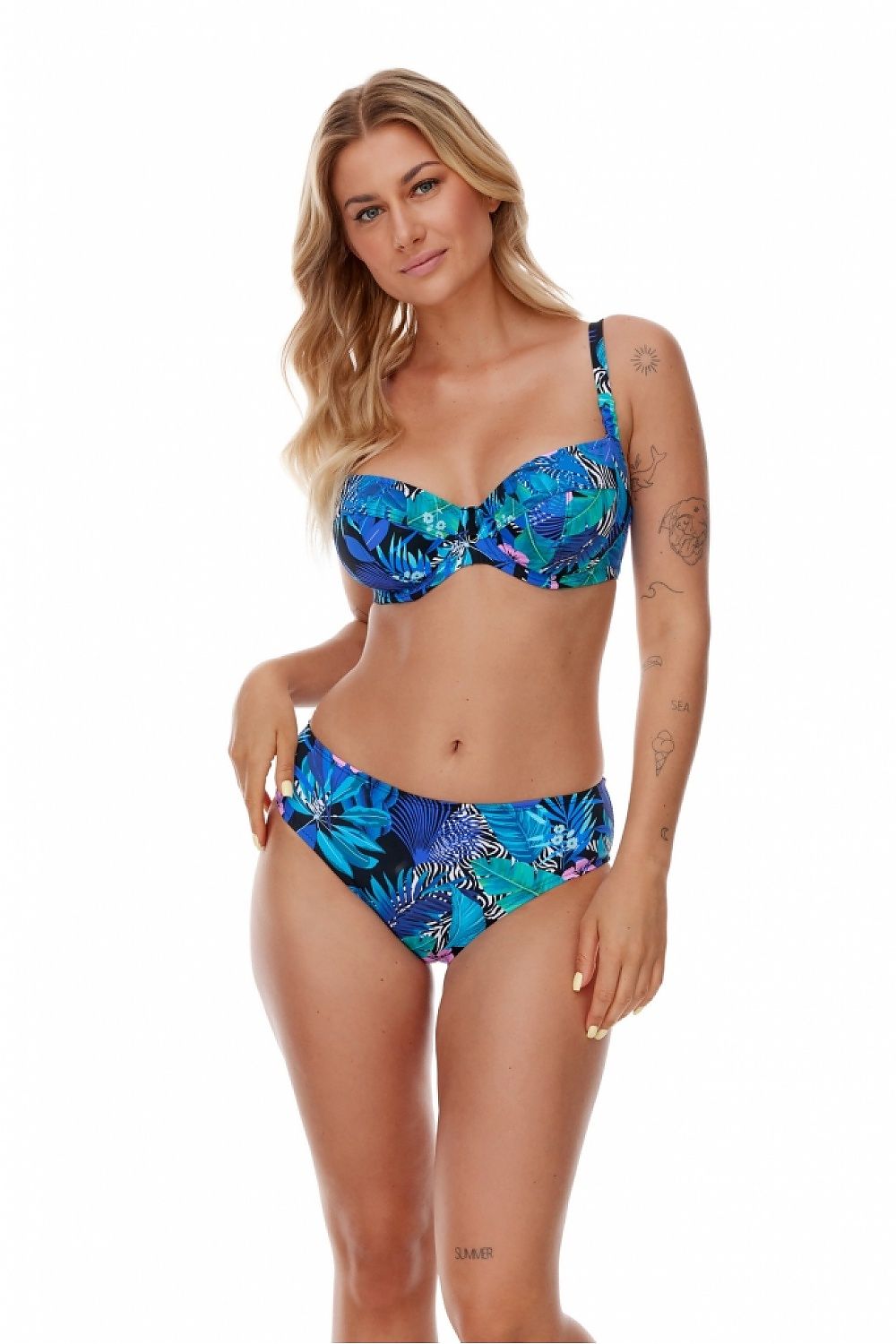 Blue floral print swimwear bra, stylish women's fashion beach attire.