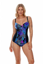 Load image into Gallery viewer, Vibrant floral one-piece swimsuit from Lupo Line featuring a tropical palm leaf pattern in bold blue, pink, and purple hues.