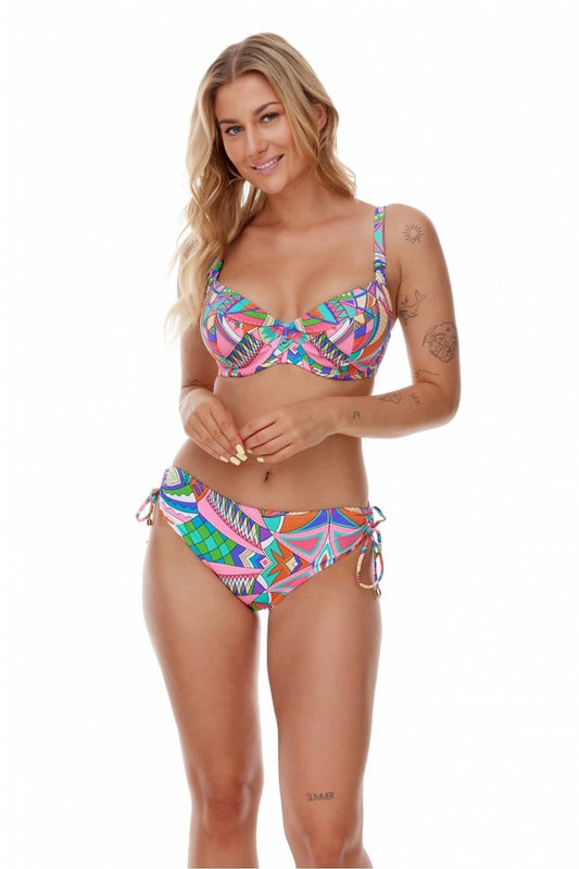 Colorful patterned women's swimsuit featuring a supportive, underwire bra top and side-tie bottoms from the Lupo Line brand.