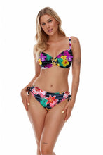 Load image into Gallery viewer, Floral print bikini with underwire bra and adjustable straps, showcasing a vibrant tropical pattern against a black background.