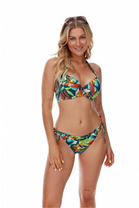 Tropical floral printed swimwear, vibrant bikini top and bottoms, female model posing in studio