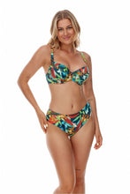 Load image into Gallery viewer, Colorful floral print swimsuit with underwire support bra and high-waisted bottoms, modeled by a smiling woman with blonde hair.