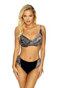 Black and silver printed two-piece swimsuit with adjustable straps, flattering V-neckline, and high-waisted bottoms.