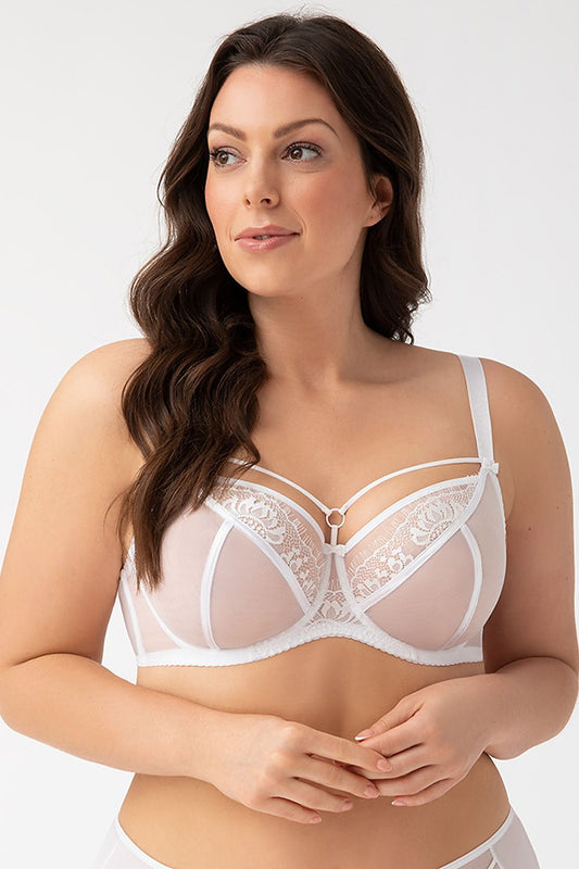 Elegant lace bra from Gorsenia Lingerie, featuring intricate white design and adjustable straps for a comfortable fit.