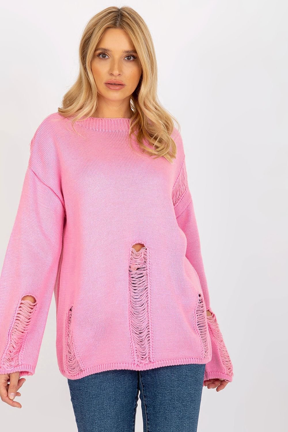 Vibrant pink knit jumper with distressed detailing for a stylish casual look.