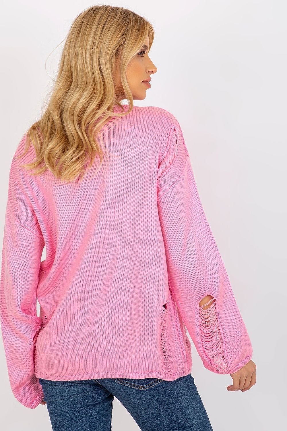 Bright pink Jumper Badu sweater with distressed details, featuring long sleeves and a comfortable, relaxed fit for casual fashion.