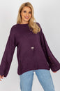 Stylish purple knitted jumper with textured design, modeled by a smiling woman with long blonde hair against a white background.