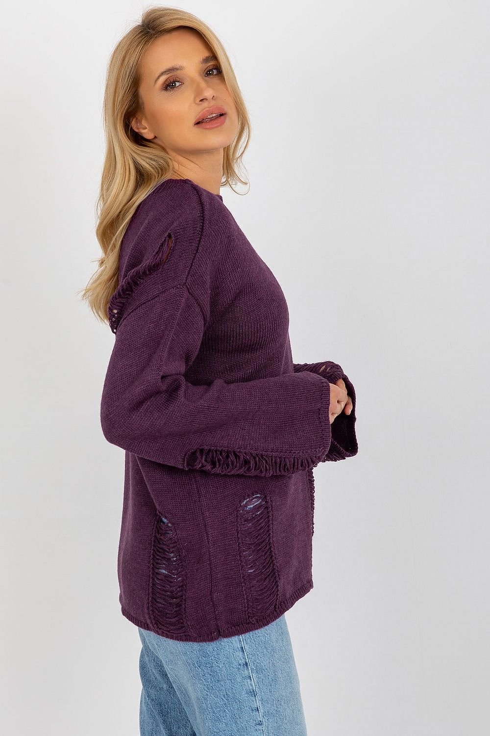 Cozy purple jumper with textured knit, perfect for chilly days.