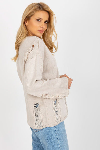 Beige Knit Pullover Sweater with Distressed Pockets