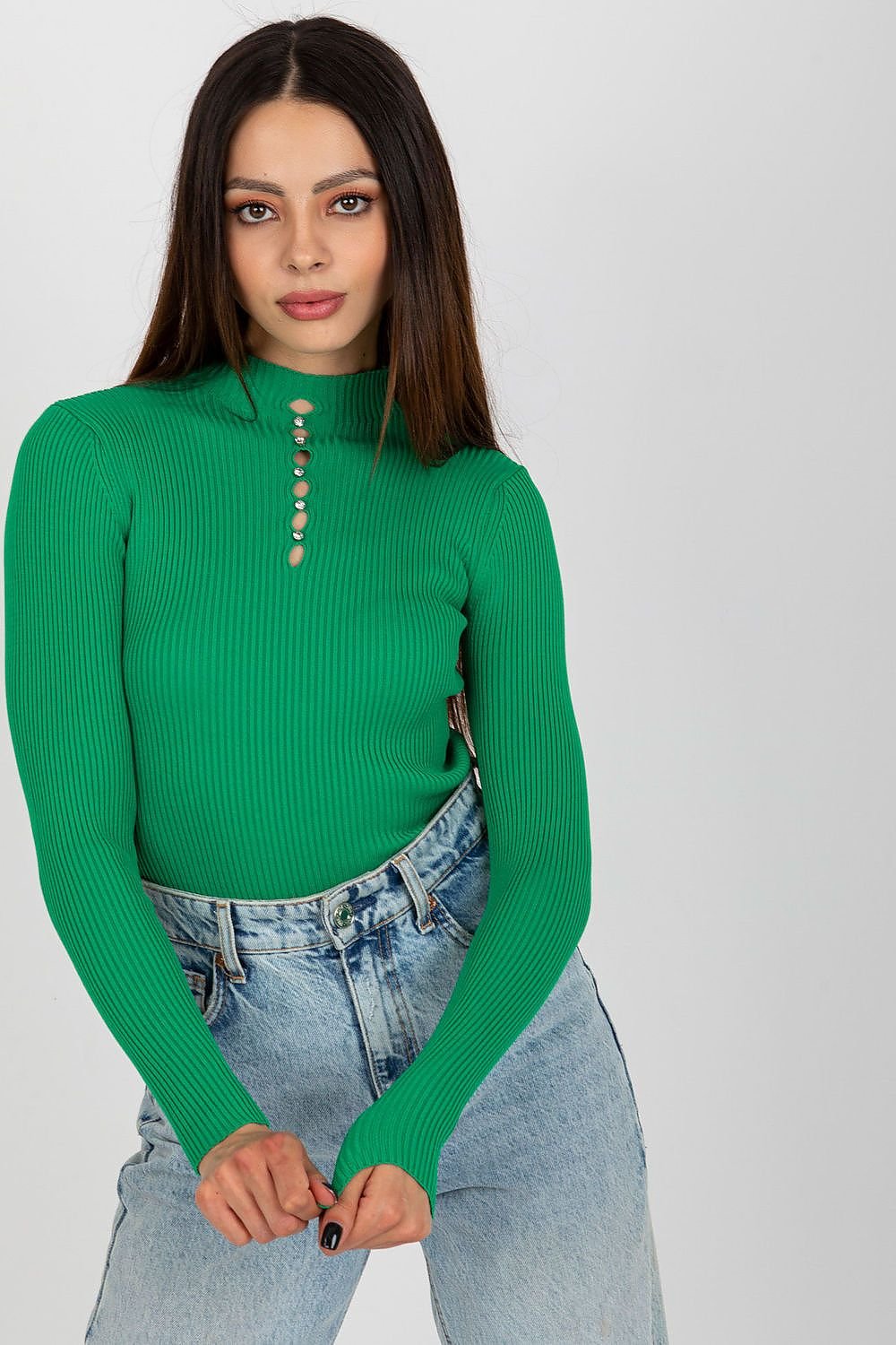 Vibrant green ribbed knit top with retro-inspired button details