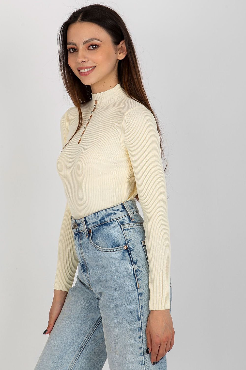 Vibrant retro-inspired ribbed knit top by Badu, stylish model posing against white background