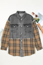 Plaid Raw Hem Button Up Denim Jacket