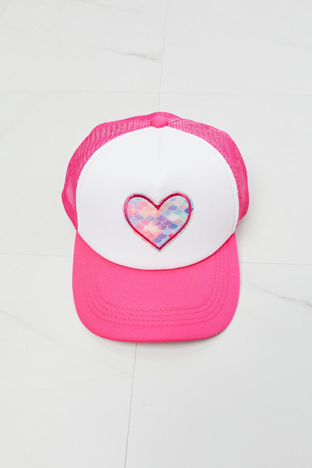 Vibrant Pink Trucker Hat with Colorful Heart Embroidery