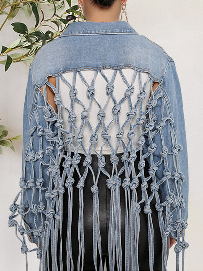 Distressed Denim Jacket with Macramé Detailing
This image shows a stylish denim jacket with an intricate macramé pattern on the back, creating a unique and eye-catching design. The jacket features a classic button-up silhouette and pockets, providing both fashion and function.