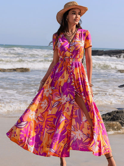 Printed V-Neck Short Sleeve Midi Dress