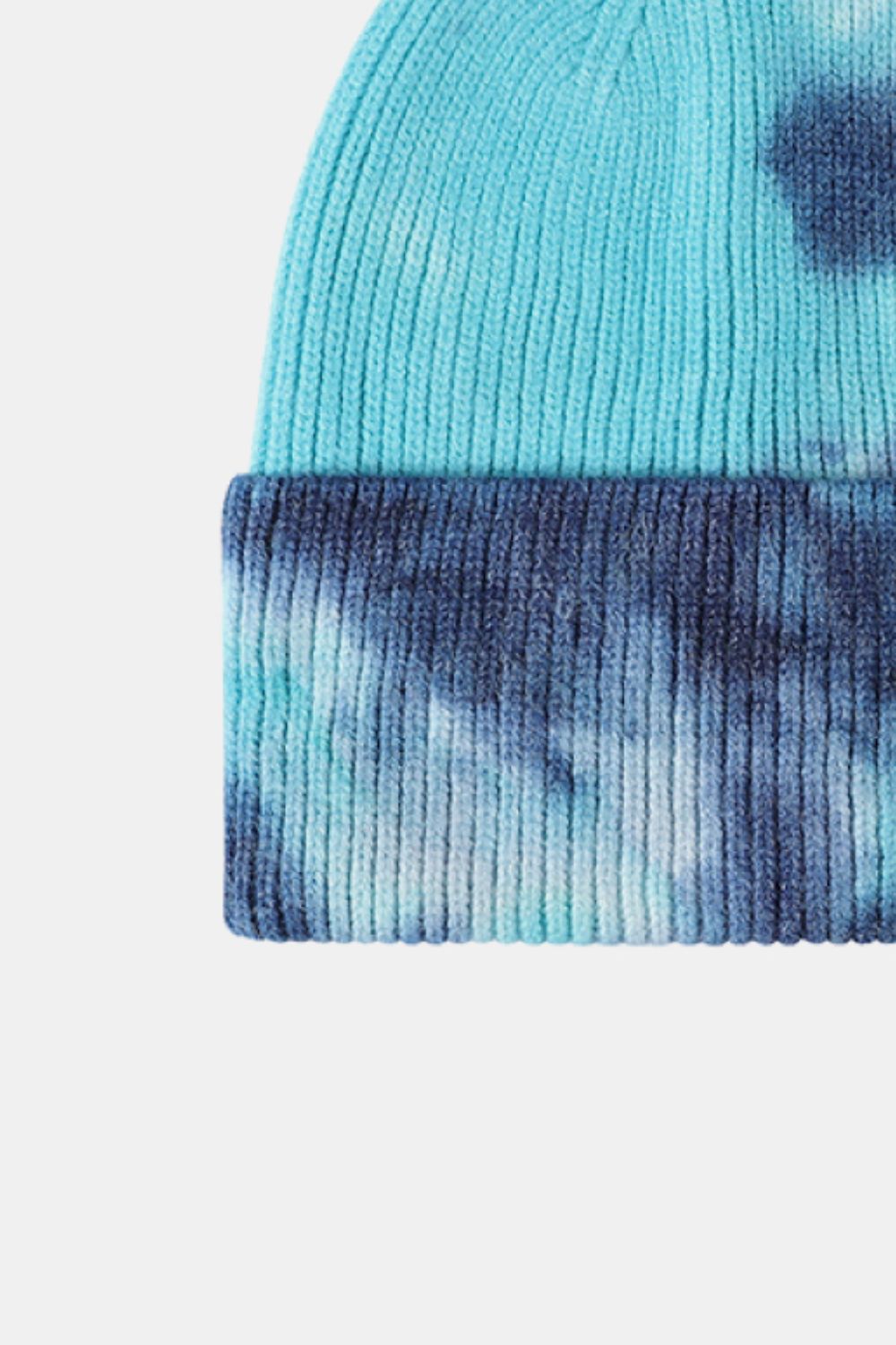 Cozy tie-dye cuffed rib-knit beanie hat in aqua and navy blue tones