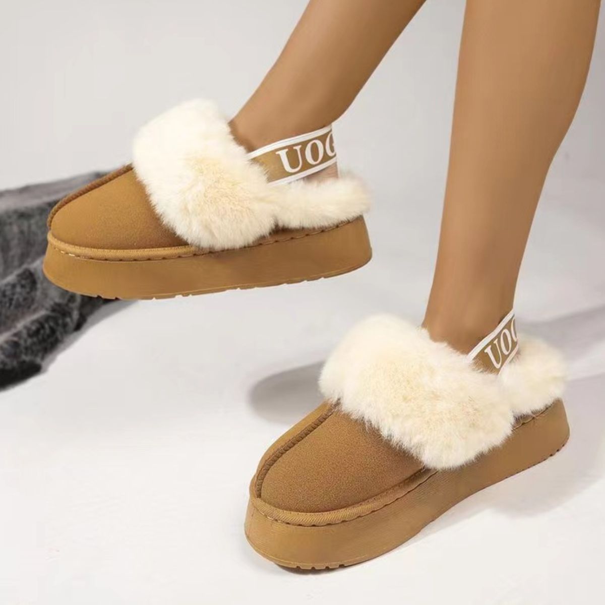 Plush Platform Slippers with Soft Fur Strap