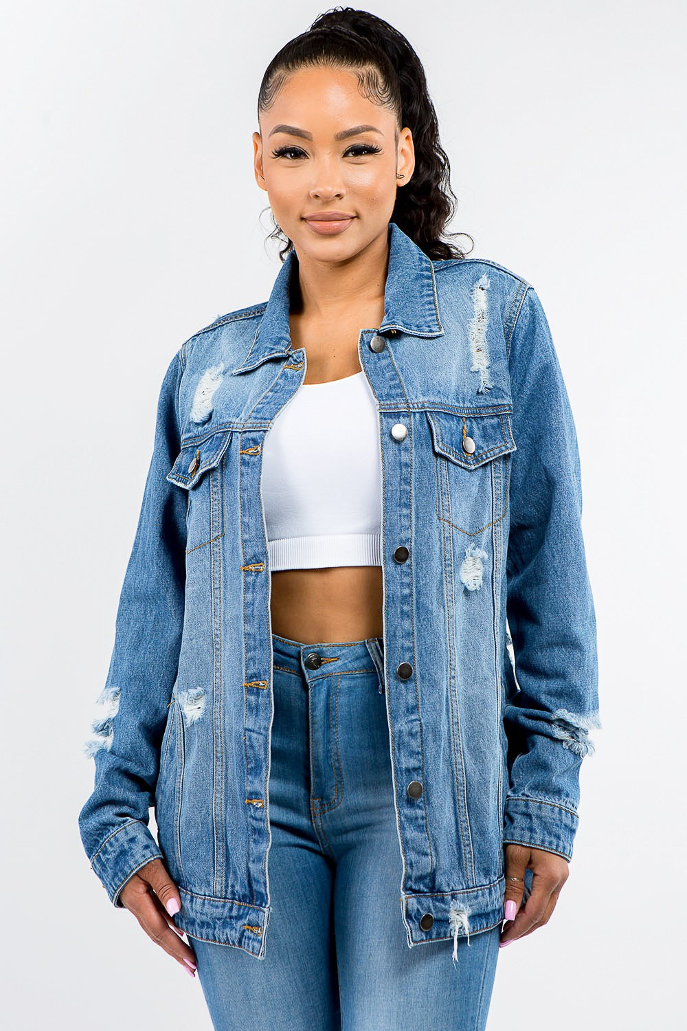 American Bazi Full Size Button Up Distressed Denim Jacket