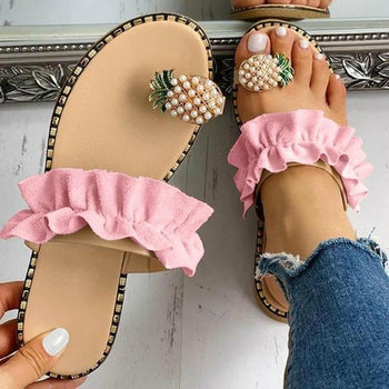 Pineapple pearl embellished sandals with ruffled straps, casual yet stylish women's summer slippers.