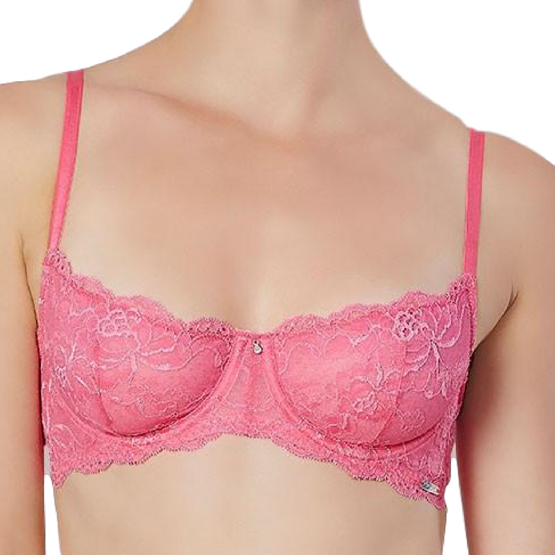 Elegant pink lace demi cup bra with floral design and centered rhinestone detail