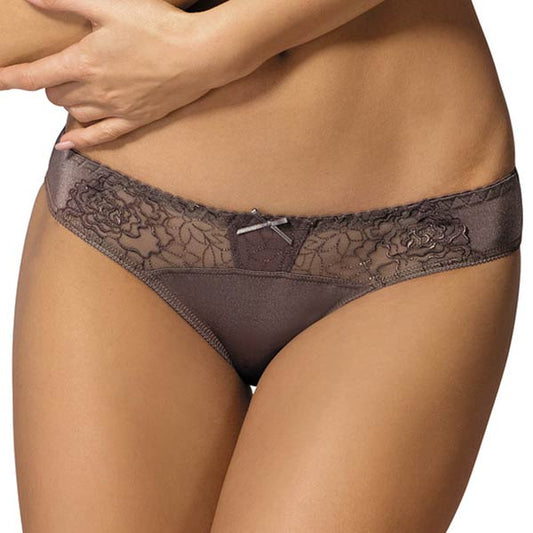 Elegant lace-trimmed semi-sheer low-rise lingerie panty in neutral tones