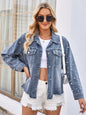 Pearl Trim Raw Hem Denim Jacket - Trendy pearl-embellished denim jacket with a raw, distressed hem, showcased in a modern, casual setting.