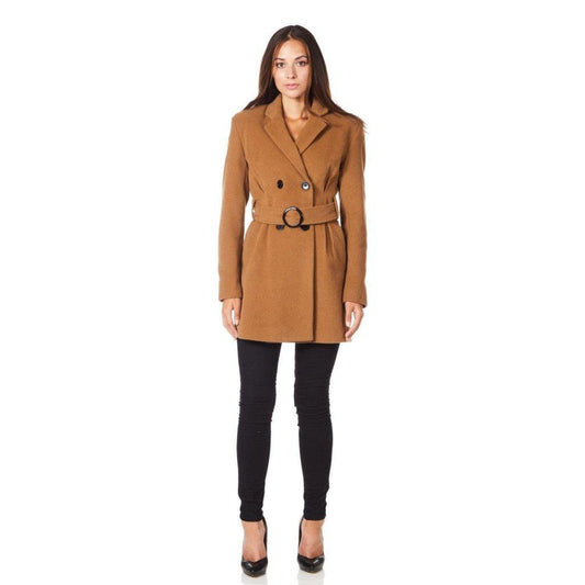 De La Creme - Womens Camel Textured Short Belted Coat