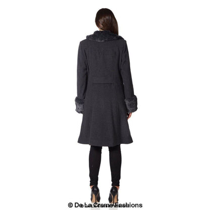 De La Creme - Womens Wool Blend Faux Fur Trim Midi Coat Jackets & Coats LoveAdora