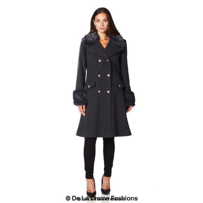 De La Creme - Womens Wool Blend Faux Fur Trim Midi Coat Jackets & Coats LoveAdora