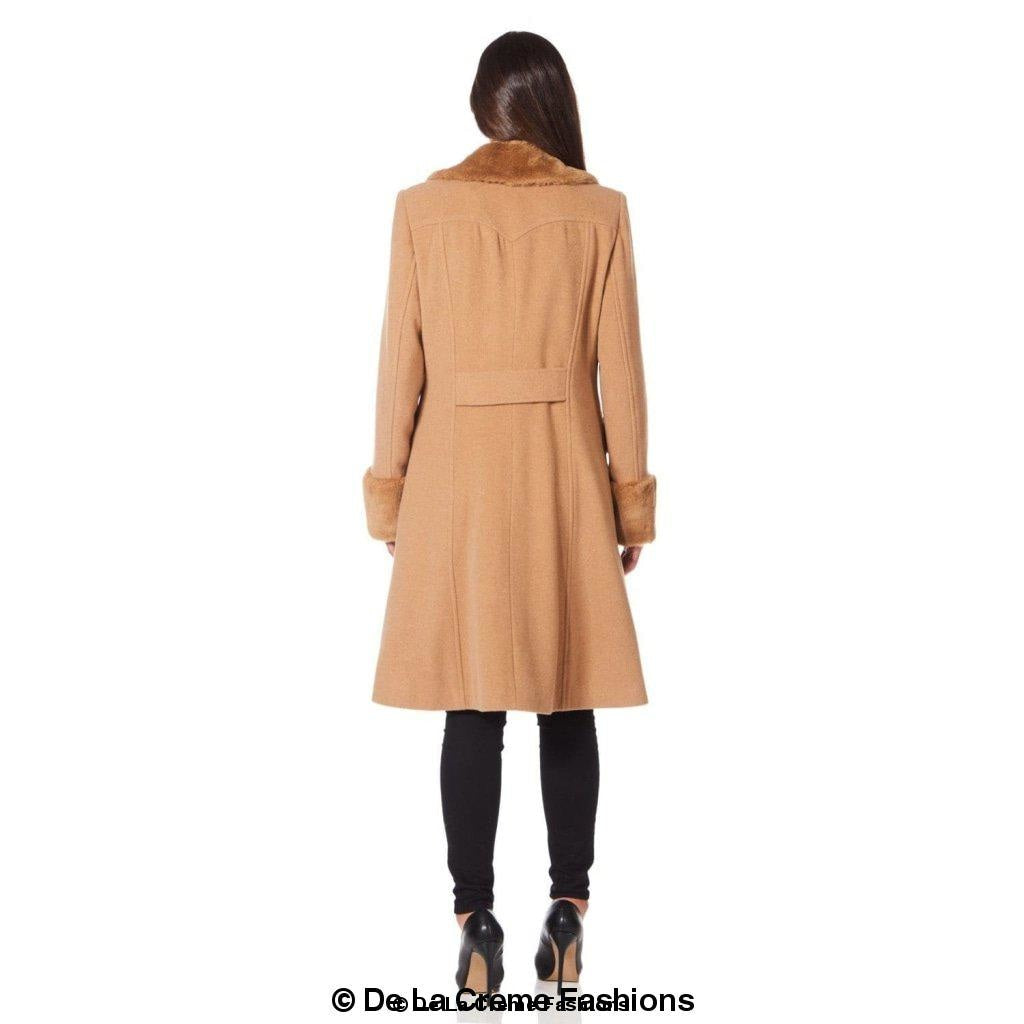 De La Creme - Womens Wool Blend Faux Fur Trim Midi Coat Jackets & Coats LoveAdora
