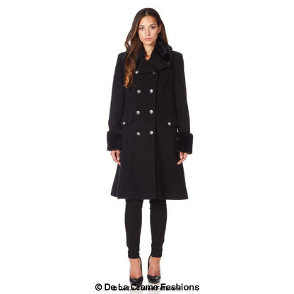 De La Creme - Womens Wool Blend Faux Fur Trim Midi Coat Jackets & Coats LoveAdora