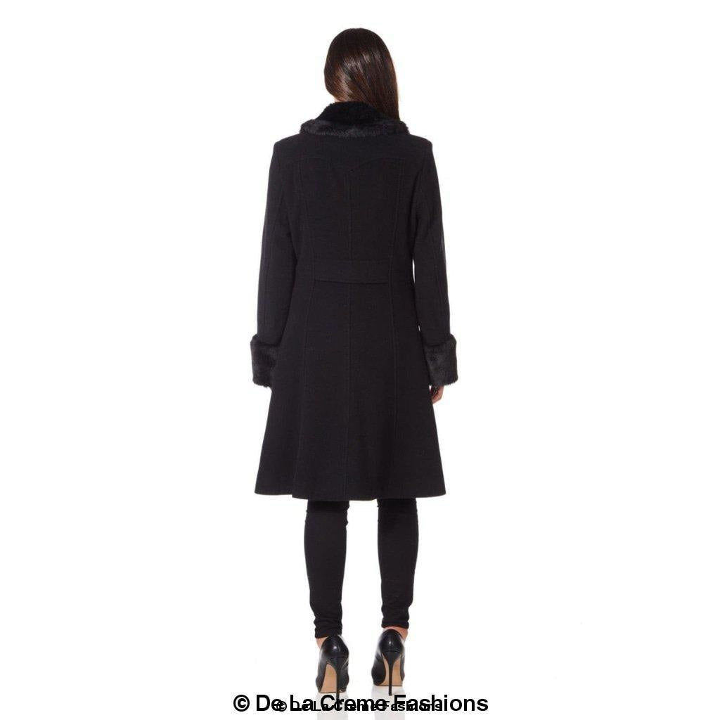 De La Creme - Womens Wool Blend Faux Fur Trim Midi Coat Jackets & Coats LoveAdora