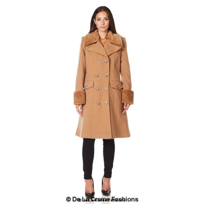 De La Creme - Womens Wool Blend Faux Fur Trim Midi Coat Jackets & Coats LoveAdora