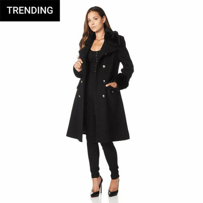 De La Creme - Womens Wool Blend Faux Fur Trim Midi Coat Jackets & Coats LoveAdora