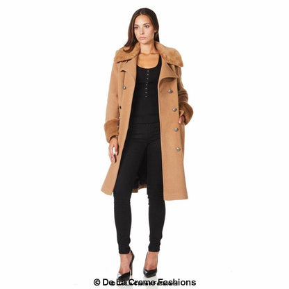 De La Creme - Womens Wool Blend Faux Fur Trim Midi Coat Jackets & Coats LoveAdora